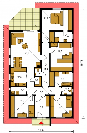 Spiegelverkehrter Entwurf | Grundriss des Erdgeschosses - BUNGALOW 207